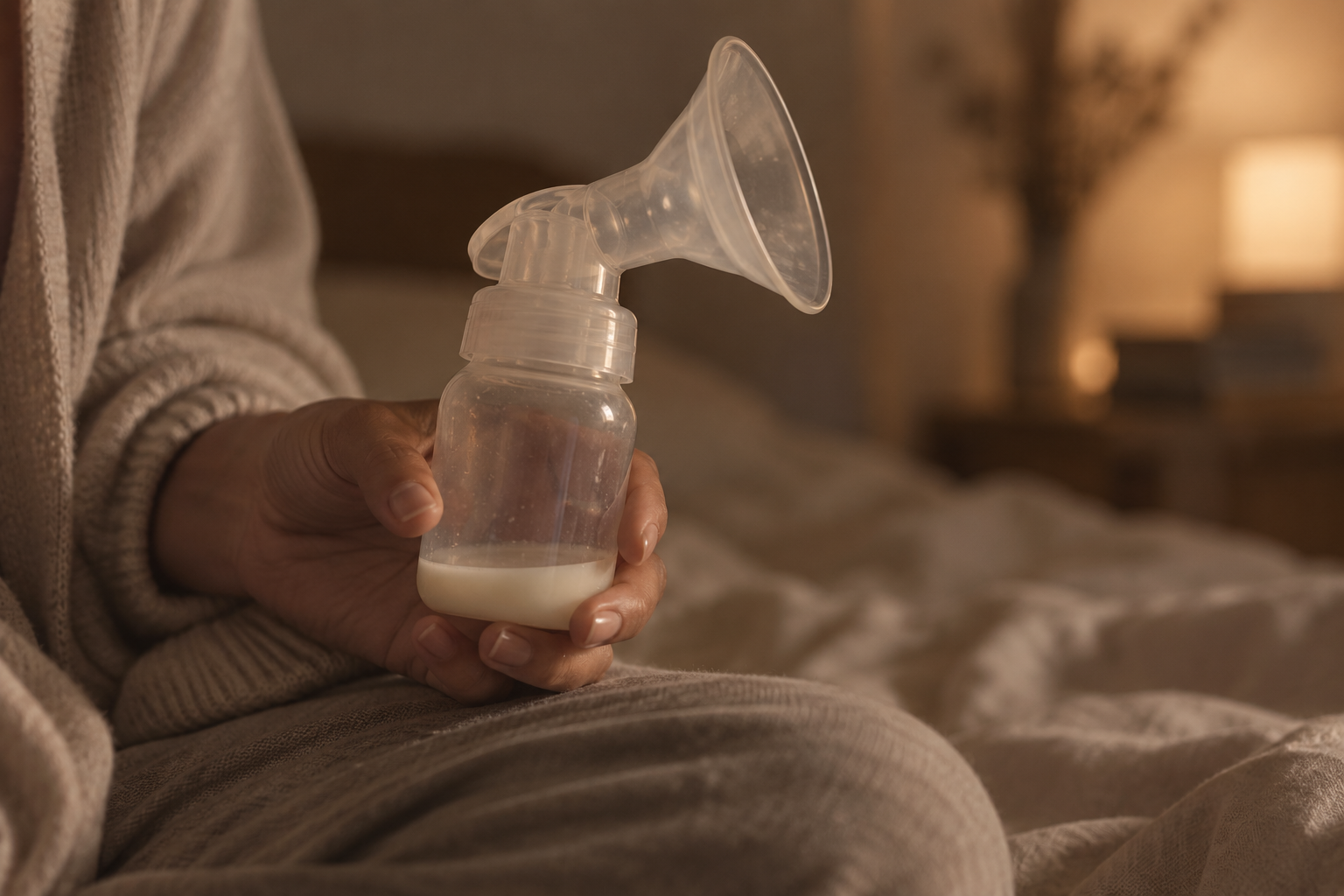 Person holding a manual breast pump with expressed milk
