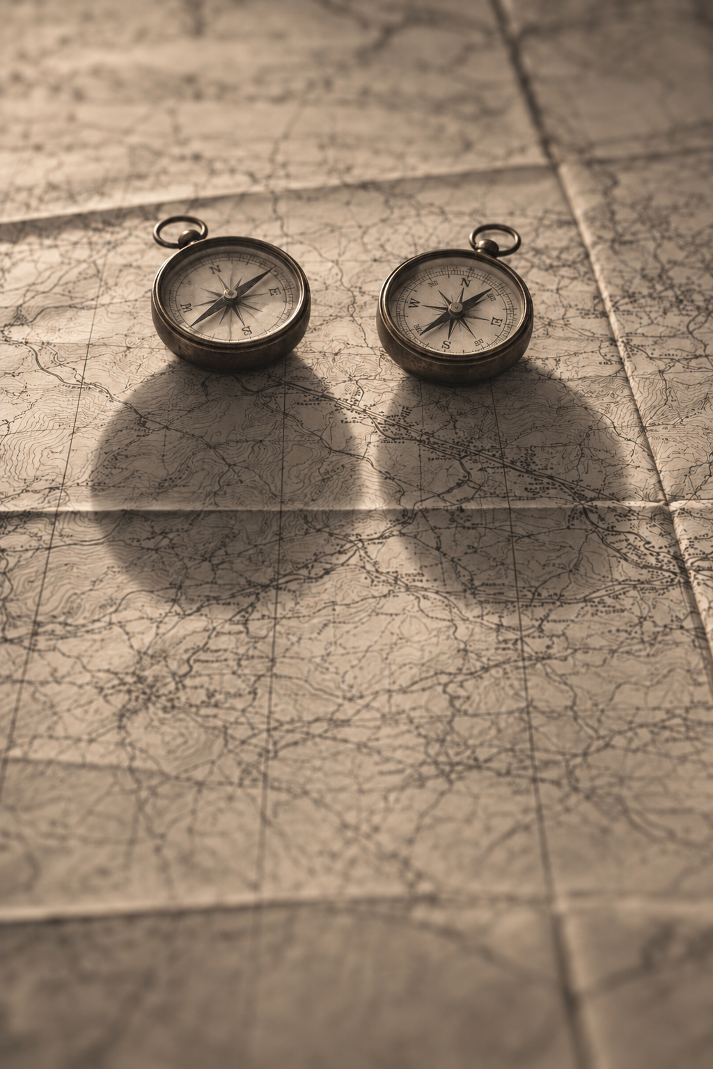 Two compasses resting on a vintage map